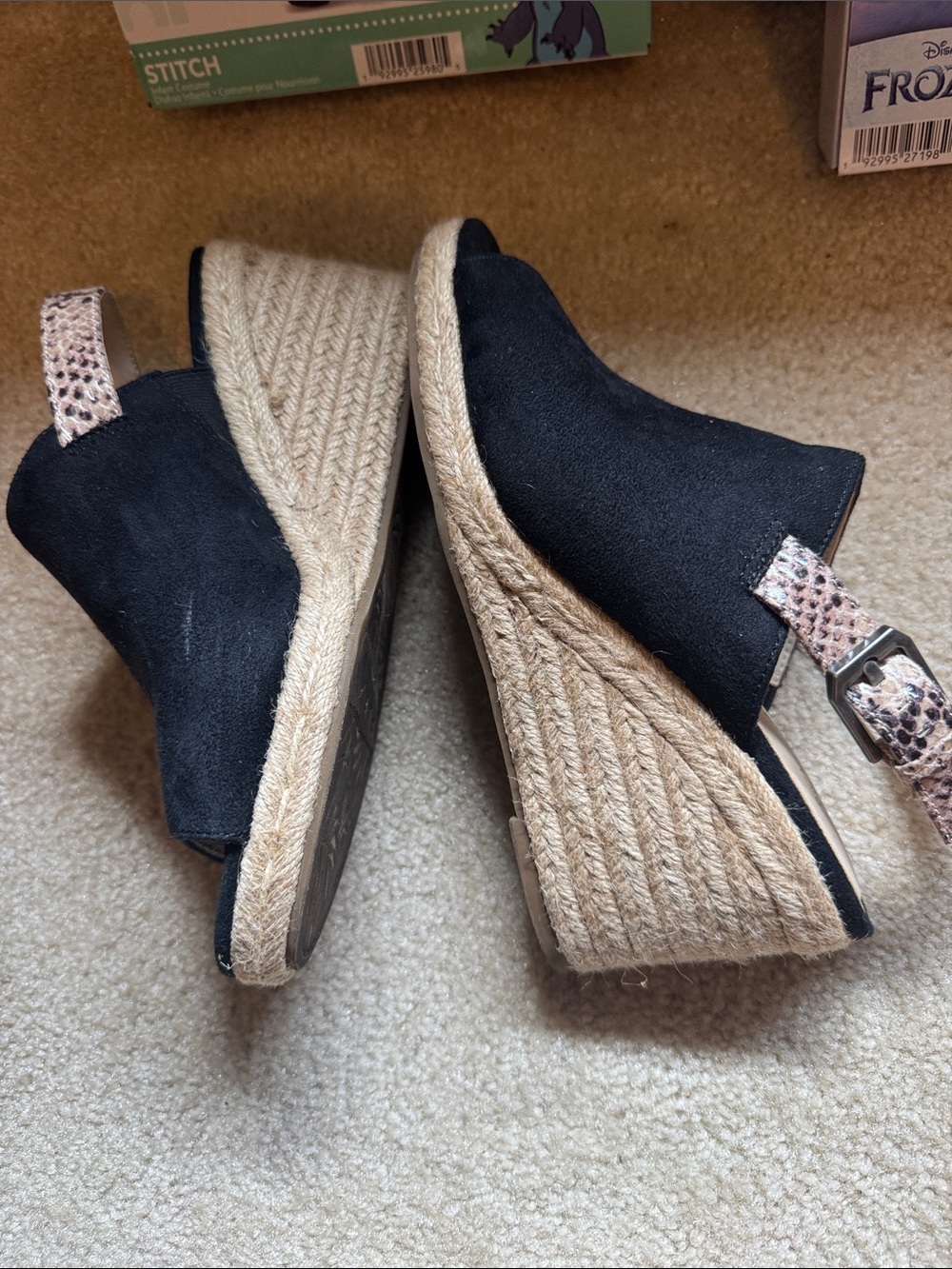 Life Stride Black Suede Peep-Toe Wedge Sandals with Tan Snake-Print Strap - Picture 3 of 4